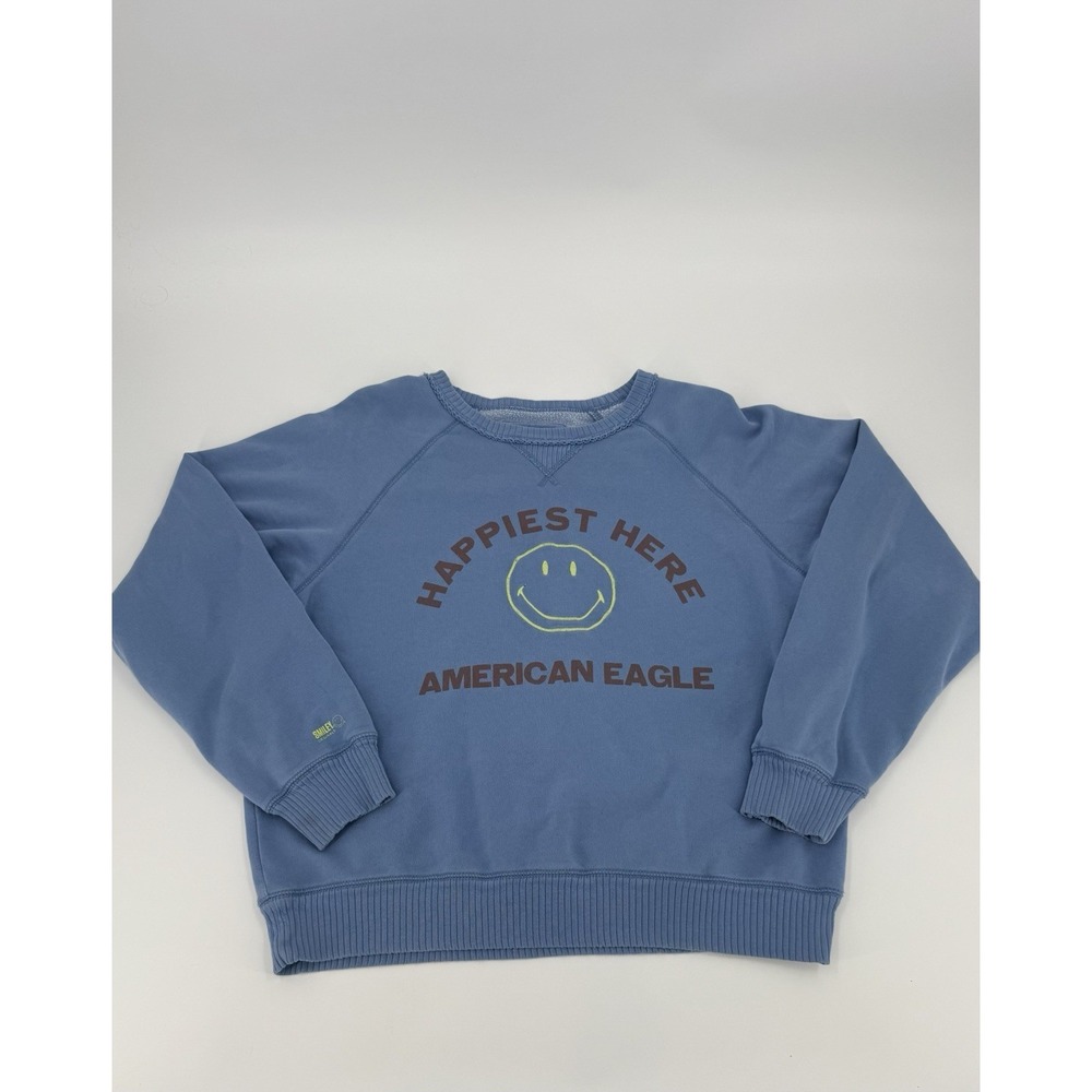 American Eagle Outfitters Blue Sweatshirt Happiest Here Smiley Face Size Large